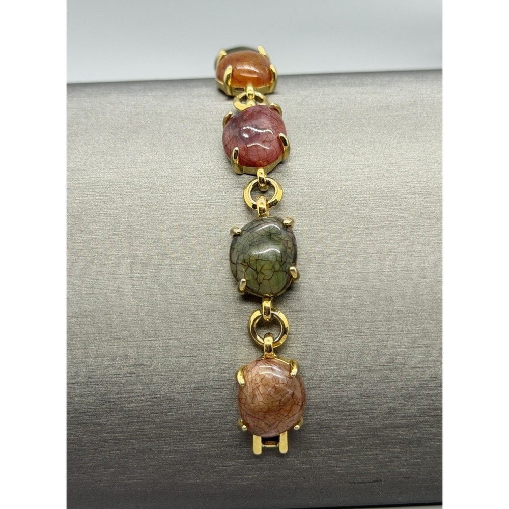 Liz Claiborne Acrylic Bracelet Gold Tone Link Multicolor Cabochon Chunky Vintage - Picture 9 of 13
